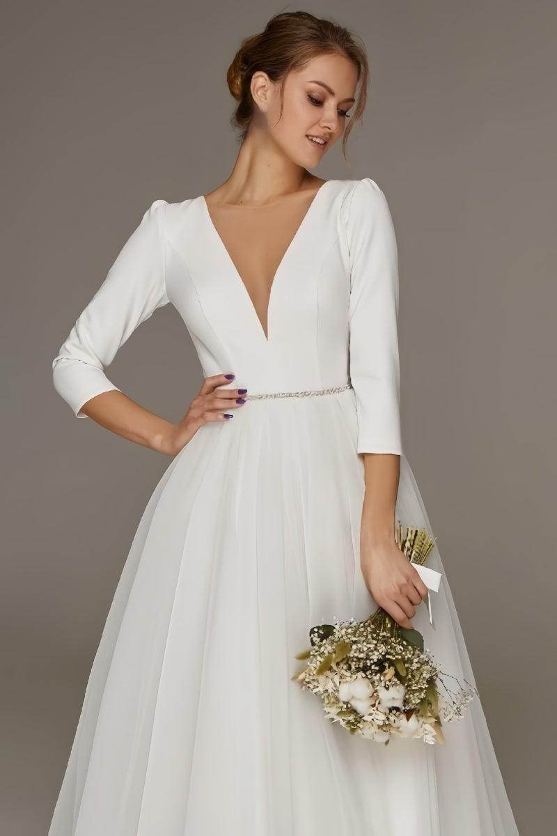 A-Line V-Neck Beaded Satin Tulle Ankle-Length Dress CW3391 - COCOMELODY